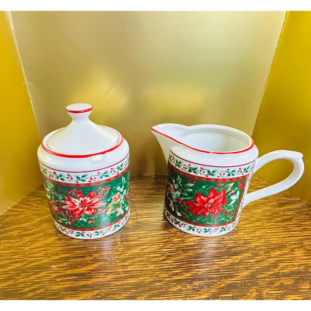 Vintage Kashima Fine Porcelain Christmas Sugar Bowl and Creamer Set Poinsettia